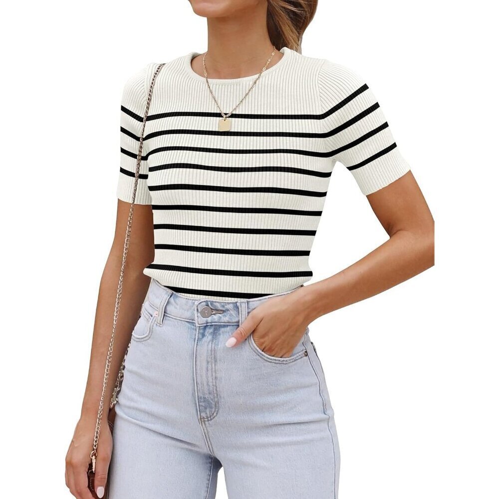 Women's Striped Crewneck T Shirt Short Sleeve Summer Ribbed Knit Casual
